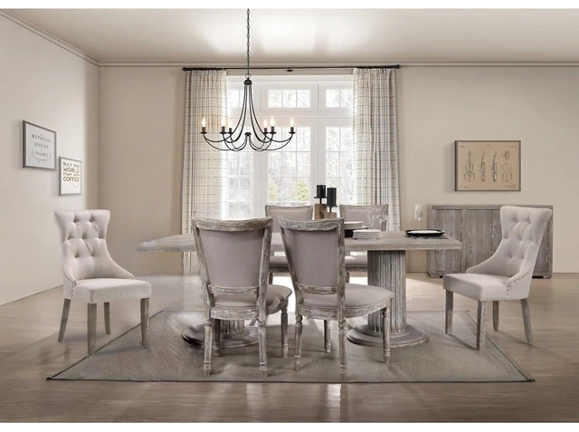 Main image of Hassyee 7-Piece Dinner Table Set with Rectangular Table and 6 High Back Chairs for Dining Room and Kitchen, Retro Kitchen Set with Sturdy Dual Pedestal Base for Family Gathering