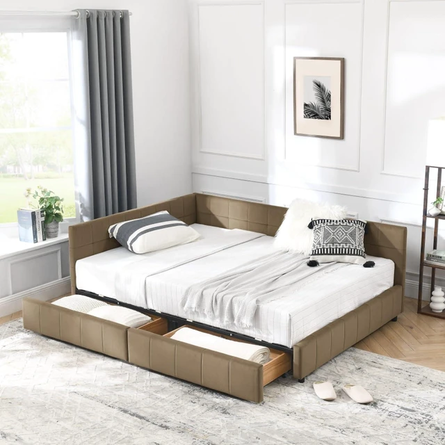 Main image of Hassyee Full Size Upholstered Daybed with Storage Drawers and Tufted Backrest, Modern Captain's Bed Frame with Comfortable Armrests and Slat Support for Bedroom Living Room Guest Room (Brown Full)