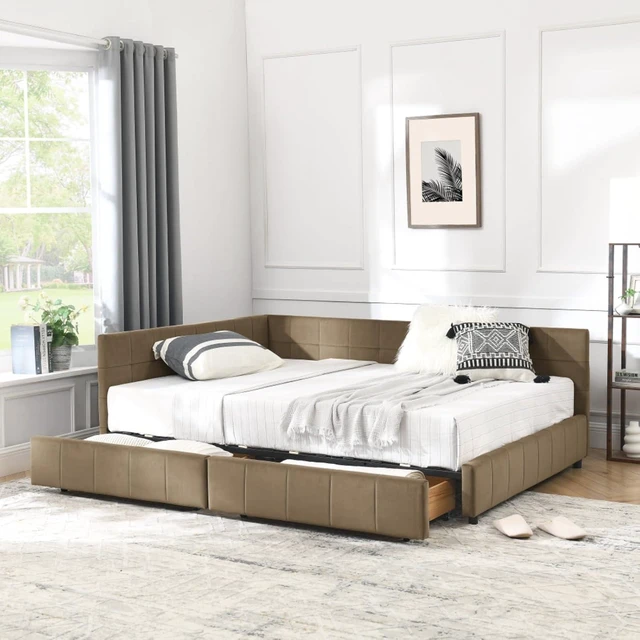 Alt view image 2 of 7 - Hassyee Full Size Upholstered Daybed with Storage Drawers and Tufted Backrest, Modern Captain's Bed Frame with Comfortable Armrests and Slat Support for Bedroom Living Room Guest Room (Brown Full)