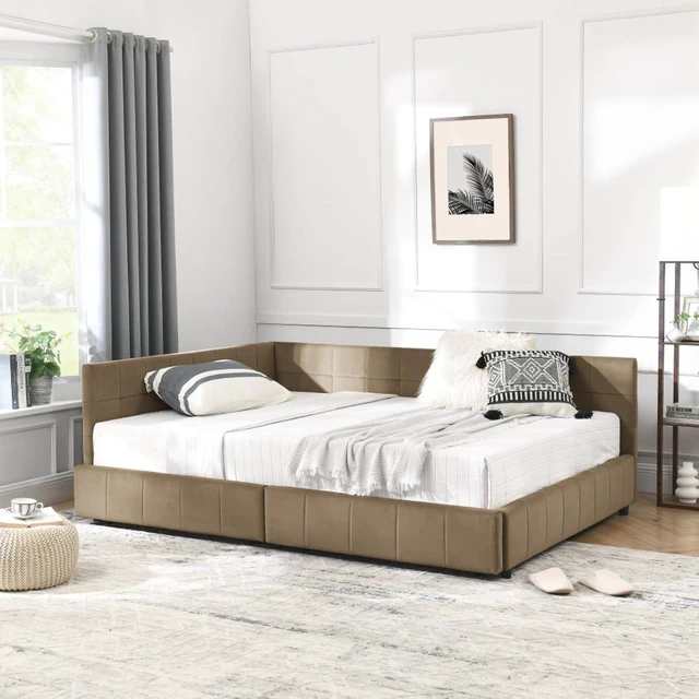 Alt view image 3 of 7 - Hassyee Full Size Upholstered Daybed with Storage Drawers and Tufted Backrest, Modern Captain's Bed Frame with Comfortable Armrests and Slat Support for Bedroom Living Room Guest Room (Brown Full)
