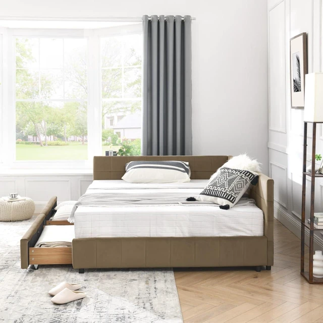 Alt view image 4 of 7 - Hassyee Full Size Upholstered Daybed with Storage Drawers and Tufted Backrest, Modern Captain's Bed Frame with Comfortable Armrests and Slat Support for Bedroom Living Room Guest Room (Brown Full)