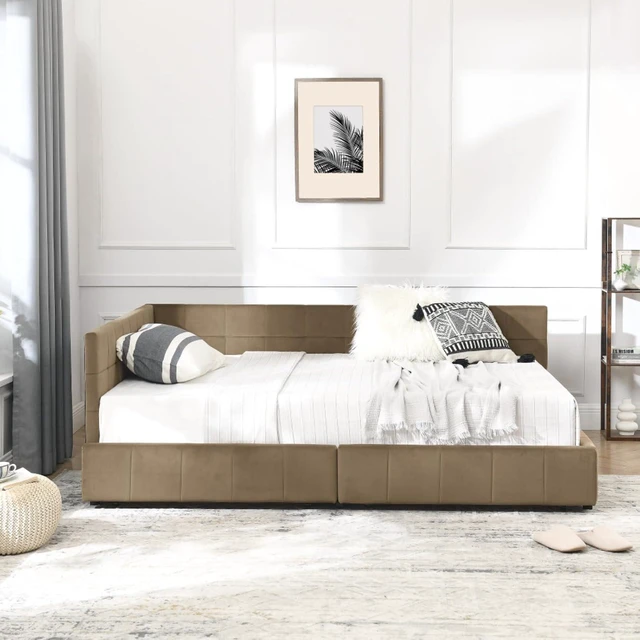 Alt view image 5 of 7 - Hassyee Full Size Upholstered Daybed with Storage Drawers and Tufted Backrest, Modern Captain's Bed Frame with Comfortable Armrests and Slat Support for Bedroom Living Room Guest Room (Brown Full)