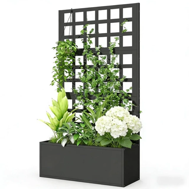 Alt view image 2 of 7 - Hassyee Stylish Planter Box with Built-in Trellis and Drainage Holes for Growing Flowers, Plants, Outdoor Raised Garden Bed with Steel Frame for Backyard, Porch, Lawn (Black)