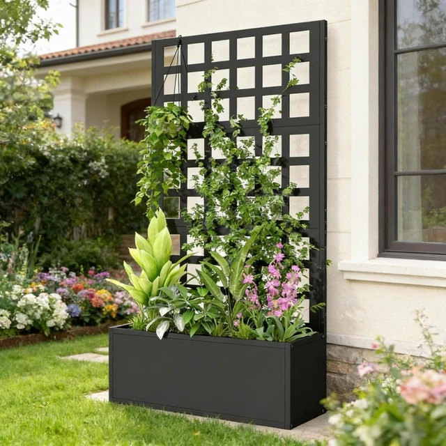 Main image of Hassyee Stylish Planter Box with Built-in Trellis and Drainage Holes for Growing Flowers, Plants, Outdoor Raised Garden Bed with Steel Frame for Backyard, Porch, Lawn (Black)