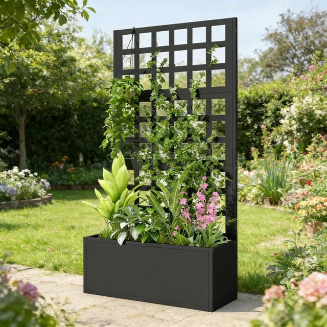 Alt view image 3 of 7 - Hassyee Stylish Planter Box with Built-in Trellis and Drainage Holes for Growing Flowers, Plants, Outdoor Raised Garden Bed with Steel Frame for Backyard, Porch, Lawn (Black)