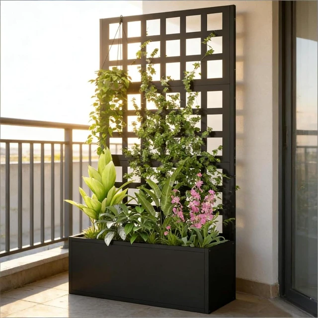 Alt view image 4 of 7 - Hassyee Stylish Planter Box with Built-in Trellis and Drainage Holes for Growing Flowers, Plants, Outdoor Raised Garden Bed with Steel Frame for Backyard, Porch, Lawn (Black)