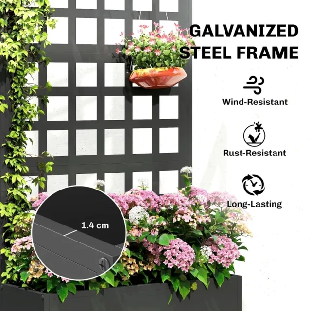 Alt view image 5 of 7 - Hassyee Stylish Planter Box with Built-in Trellis and Drainage Holes for Growing Flowers, Plants, Outdoor Raised Garden Bed with Steel Frame for Backyard, Porch, Lawn (Black)