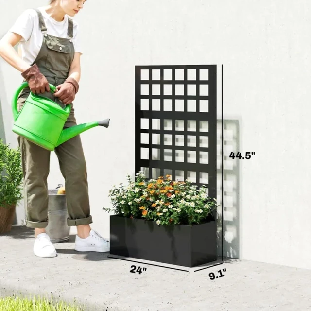 Alt view image 6 of 7 - Hassyee Stylish Planter Box with Built-in Trellis and Drainage Holes for Growing Flowers, Plants, Outdoor Raised Garden Bed with Steel Frame for Backyard, Porch, Lawn (Black)