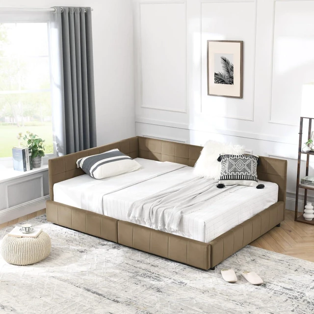 Alt view image 6 of 7 - Hassyee Full Size Upholstered Daybed with Storage Drawers and Tufted Backrest, Modern Captain's Bed Frame with Comfortable Armrests and Slat Support for Bedroom Living Room Guest Room (Brown Full)