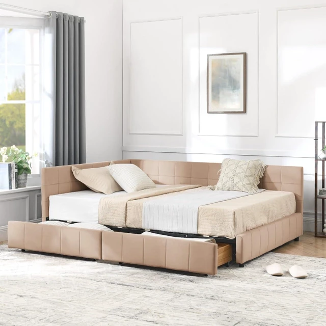 Alt view image 2 of 7 - Hassyee Full Size Upholstered Daybed with Storage Drawers and Tufted Backrest, Modern Captain's Bed Frame with Comfortable Armrests and Slat Support for Bedroom Living Room Guest Room (Pink Full)