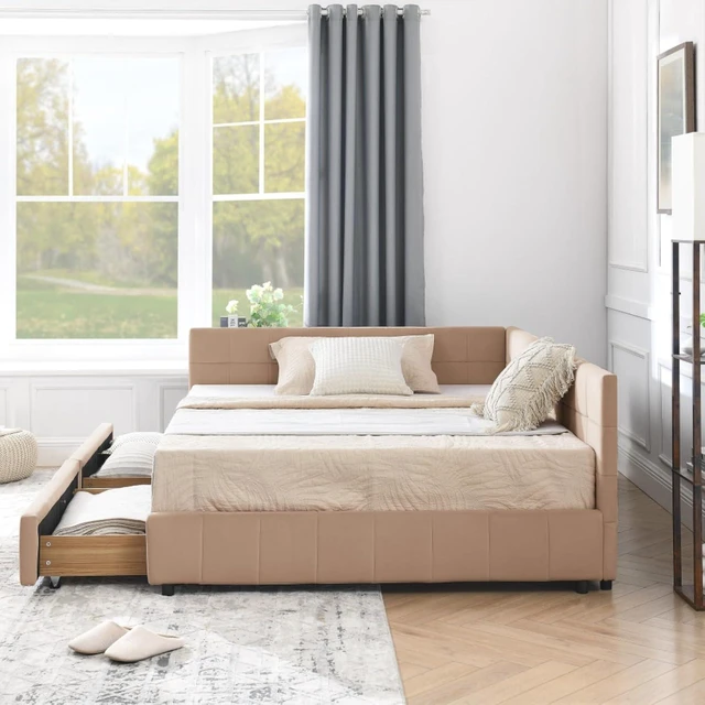 Alt view image 3 of 7 - Hassyee Full Size Upholstered Daybed with Storage Drawers and Tufted Backrest, Modern Captain's Bed Frame with Comfortable Armrests and Slat Support for Bedroom Living Room Guest Room (Pink Full)