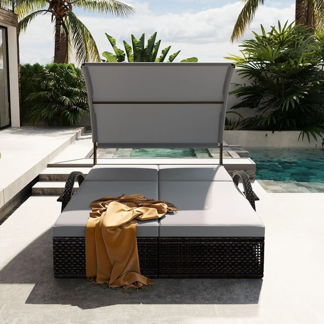 Alt view image 3 of 7 - HDPE Wicker Dual Patio Chaise Lounge w/Steel Frame & Removable Cushion for Poolside, 2 Seater Outdoor Sunbed Lounge Chair w/Adjustable Backrest & Arched Canopy for Garden, Porch, Sunbathing (Grey)