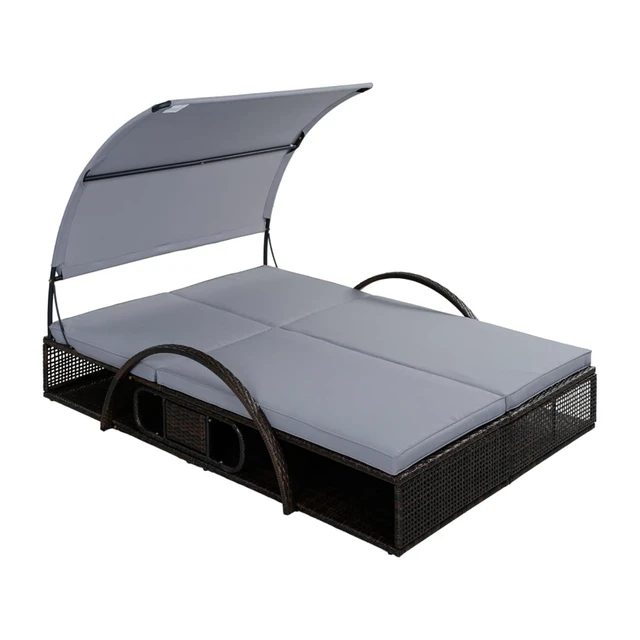 Alt view image 4 of 7 - HDPE Wicker Dual Patio Chaise Lounge w/Steel Frame & Removable Cushion for Poolside, 2 Seater Outdoor Sunbed Lounge Chair w/Adjustable Backrest & Arched Canopy for Garden, Porch, Sunbathing (Grey)