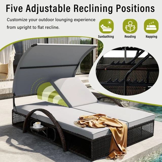 Alt view image 6 of 7 - HDPE Wicker Dual Patio Chaise Lounge w/Steel Frame & Removable Cushion for Poolside, 2 Seater Outdoor Sunbed Lounge Chair w/Adjustable Backrest & Arched Canopy for Garden, Porch, Sunbathing (Grey)
