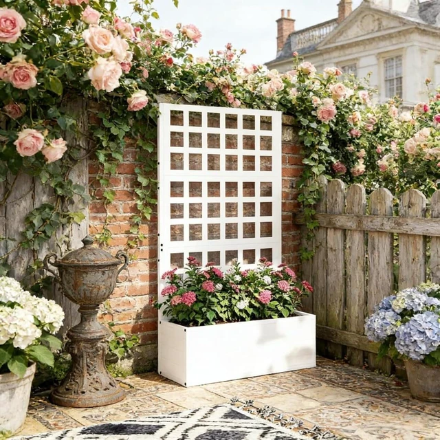 Main image of Hassyee Stylish Planter Box with Built-in Trellis and Drainage Holes for Growing Flowers, Plants, Outdoor Raised Garden Bed with Steel Frame for Backyard, Porch, Lawn (White)