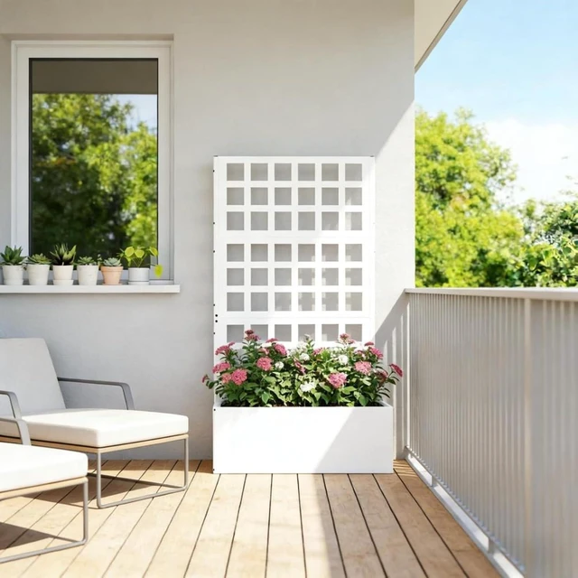 Alt view image 2 of 7 - Hassyee Stylish Planter Box with Built-in Trellis and Drainage Holes for Growing Flowers, Plants, Outdoor Raised Garden Bed with Steel Frame for Backyard, Porch, Lawn (White)