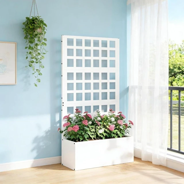 Alt view image 3 of 7 - Hassyee Stylish Planter Box with Built-in Trellis and Drainage Holes for Growing Flowers, Plants, Outdoor Raised Garden Bed with Steel Frame for Backyard, Porch, Lawn (White)