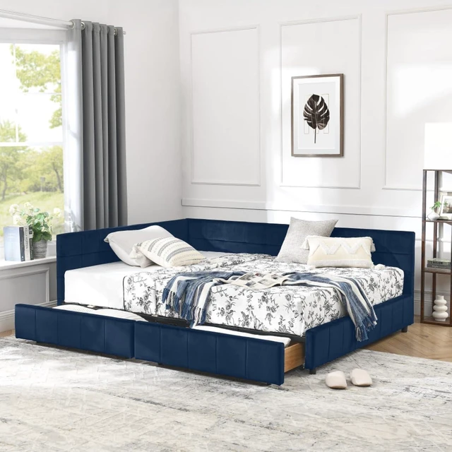 Alt view image 2 of 7 - Full Size Upholstered Daybed with Storage Drawers and Tufted Backrest, Modern Captain's Bed Frame with Comfortable Armrests and Slat Support for Bedroom Living Room Guest Room (Dark Blue Full)