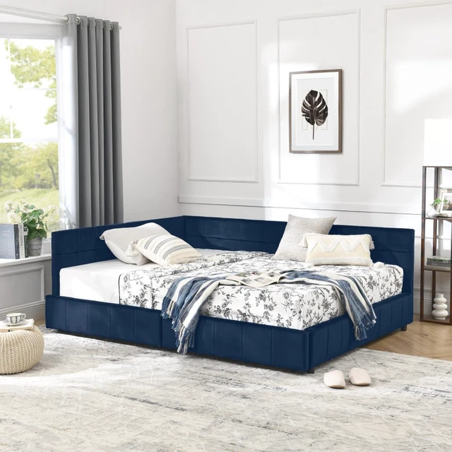 Alt view image 3 of 7 - Full Size Upholstered Daybed with Storage Drawers and Tufted Backrest, Modern Captain's Bed Frame with Comfortable Armrests and Slat Support for Bedroom Living Room Guest Room (Dark Blue Full)