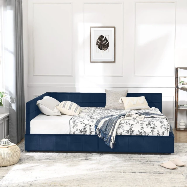 Alt view image 4 of 7 - Full Size Upholstered Daybed with Storage Drawers and Tufted Backrest, Modern Captain's Bed Frame with Comfortable Armrests and Slat Support for Bedroom Living Room Guest Room (Dark Blue Full)