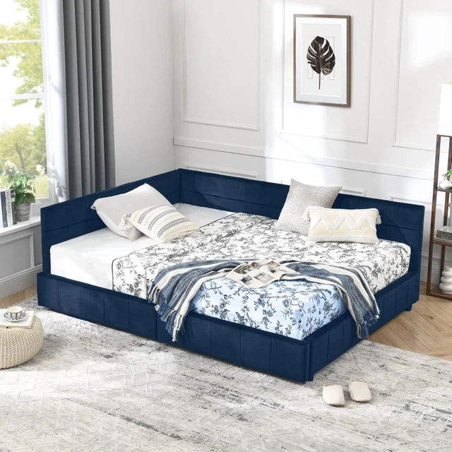 Alt view image 5 of 7 - Full Size Upholstered Daybed with Storage Drawers and Tufted Backrest, Modern Captain's Bed Frame with Comfortable Armrests and Slat Support for Bedroom Living Room Guest Room (Dark Blue Full)