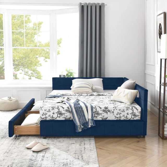 Alt view image 6 of 7 - Full Size Upholstered Daybed with Storage Drawers and Tufted Backrest, Modern Captain's Bed Frame with Comfortable Armrests and Slat Support for Bedroom Living Room Guest Room (Dark Blue Full)