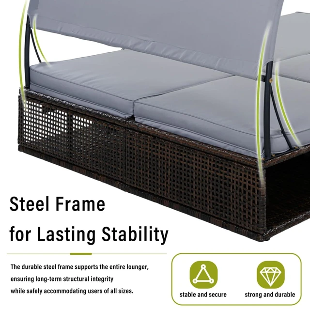 Alt view image 7 of 7 - HDPE Wicker Dual Patio Chaise Lounge w/Steel Frame & Removable Cushion for Poolside, 2 Seater Outdoor Sunbed Lounge Chair w/Adjustable Backrest & Arched Canopy for Garden, Porch, Sunbathing (Grey)
