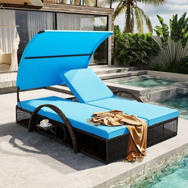 Main image of HDPE Wicker Dual Patio Chaise Lounge w/Steel Frame & Removable Cushion for Poolside, 2 Seater Outdoor Sunbed Lounge Chair w/Adjustable Backrest & Arched Canopy for Garden, Porch, Sunbathing (Blue)