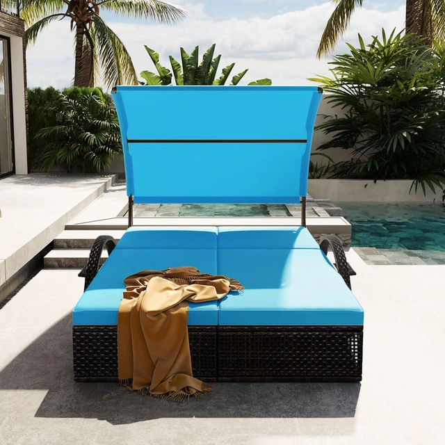 Alt view image 3 of 7 - HDPE Wicker Dual Patio Chaise Lounge w/Steel Frame & Removable Cushion for Poolside, 2 Seater Outdoor Sunbed Lounge Chair w/Adjustable Backrest & Arched Canopy for Garden, Porch, Sunbathing (Blue)