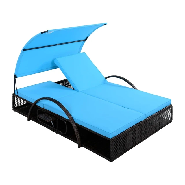 Alt view image 4 of 7 - HDPE Wicker Dual Patio Chaise Lounge w/Steel Frame & Removable Cushion for Poolside, 2 Seater Outdoor Sunbed Lounge Chair w/Adjustable Backrest & Arched Canopy for Garden, Porch, Sunbathing (Blue)