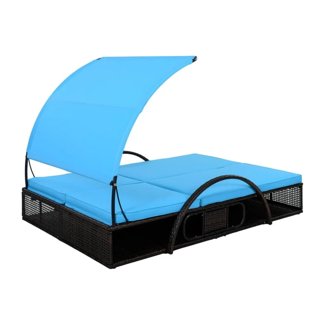 Alt view image 5 of 7 - HDPE Wicker Dual Patio Chaise Lounge w/Steel Frame & Removable Cushion for Poolside, 2 Seater Outdoor Sunbed Lounge Chair w/Adjustable Backrest & Arched Canopy for Garden, Porch, Sunbathing (Blue)