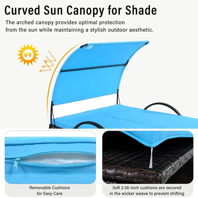 Alt view image 6 of 7 - HDPE Wicker Dual Patio Chaise Lounge w/Steel Frame & Removable Cushion for Poolside, 2 Seater Outdoor Sunbed Lounge Chair w/Adjustable Backrest & Arched Canopy for Garden, Porch, Sunbathing (Blue)
