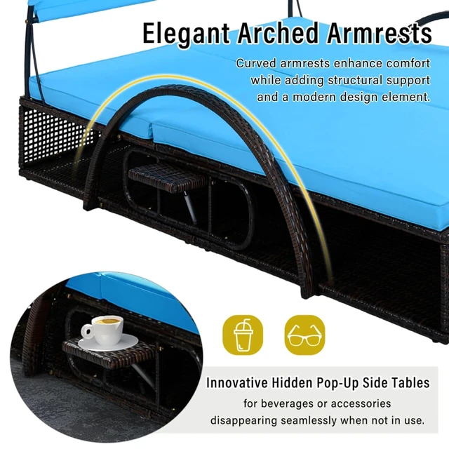 Alt view image 7 of 7 - HDPE Wicker Dual Patio Chaise Lounge w/Steel Frame & Removable Cushion for Poolside, 2 Seater Outdoor Sunbed Lounge Chair w/Adjustable Backrest & Arched Canopy for Garden, Porch, Sunbathing (Blue)