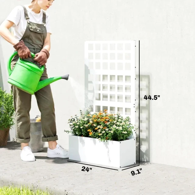 Alt view image 4 of 7 - Hassyee Stylish Planter Box with Built-in Trellis and Drainage Holes for Growing Flowers, Plants, Outdoor Raised Garden Bed with Steel Frame for Backyard, Porch, Lawn (White)