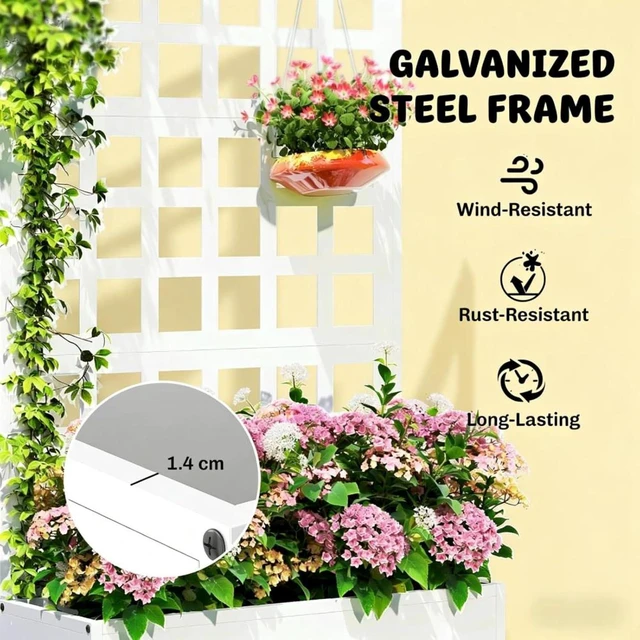 Alt view image 5 of 7 - Hassyee Stylish Planter Box with Built-in Trellis and Drainage Holes for Growing Flowers, Plants, Outdoor Raised Garden Bed with Steel Frame for Backyard, Porch, Lawn (White)