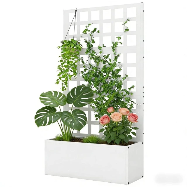 Alt view image 7 of 7 - Hassyee Stylish Planter Box with Built-in Trellis and Drainage Holes for Growing Flowers, Plants, Outdoor Raised Garden Bed with Steel Frame for Backyard, Porch, Lawn (White)