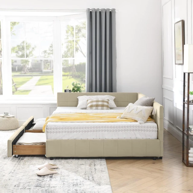 Alt view image 3 of 7 - Hassyee Full Size Upholstered Daybed with Storage Drawers and Tufted Backrest, Modern Captain's Bed Frame with Comfortable Armrests and Slat Support for Bedroom Living Room Guest Room (Beige Full)