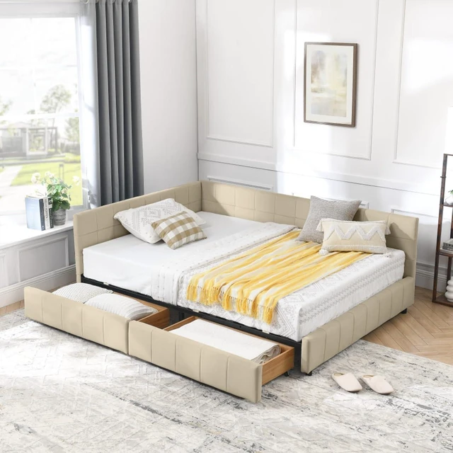 Main image of Hassyee Full Size Upholstered Daybed with Storage Drawers and Tufted Backrest, Modern Captain's Bed Frame with Comfortable Armrests and Slat Support for Bedroom Living Room Guest Room (Beige Full)