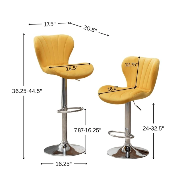 Alt view image 2 of 7 - Fabric Upholstered Bar Stools Set of 2,Comfortable Velvet Barstools w/Adjustable Rotating Base&Backrest for Home Bar,Parsons Chair w/Foot Pedals for Dining Room,Wave Contour Design (Yellow + Set of 2)