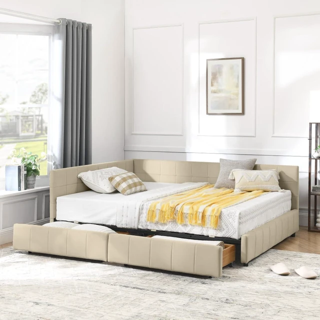 Alt view image 2 of 7 - Hassyee Full Size Upholstered Daybed with Storage Drawers and Tufted Backrest, Modern Captain's Bed Frame with Comfortable Armrests and Slat Support for Bedroom Living Room Guest Room (Beige Full)