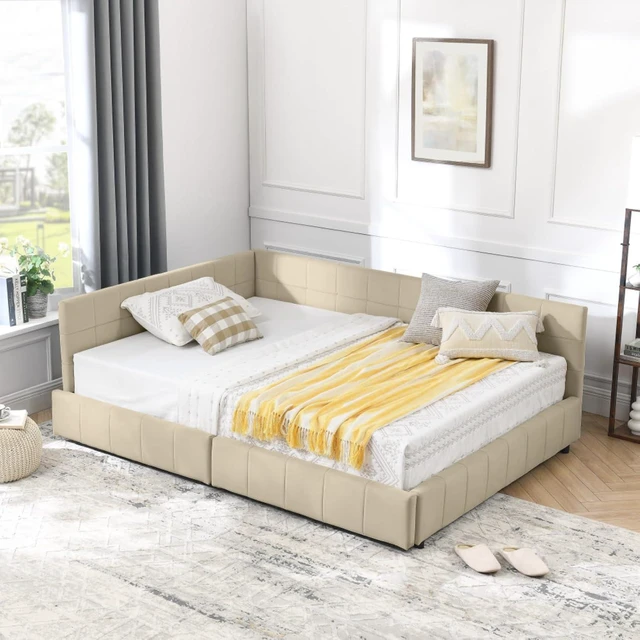 Alt view image 4 of 7 - Hassyee Full Size Upholstered Daybed with Storage Drawers and Tufted Backrest, Modern Captain's Bed Frame with Comfortable Armrests and Slat Support for Bedroom Living Room Guest Room (Beige Full)
