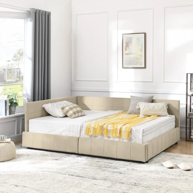 Alt view image 5 of 7 - Hassyee Full Size Upholstered Daybed with Storage Drawers and Tufted Backrest, Modern Captain's Bed Frame with Comfortable Armrests and Slat Support for Bedroom Living Room Guest Room (Beige Full)