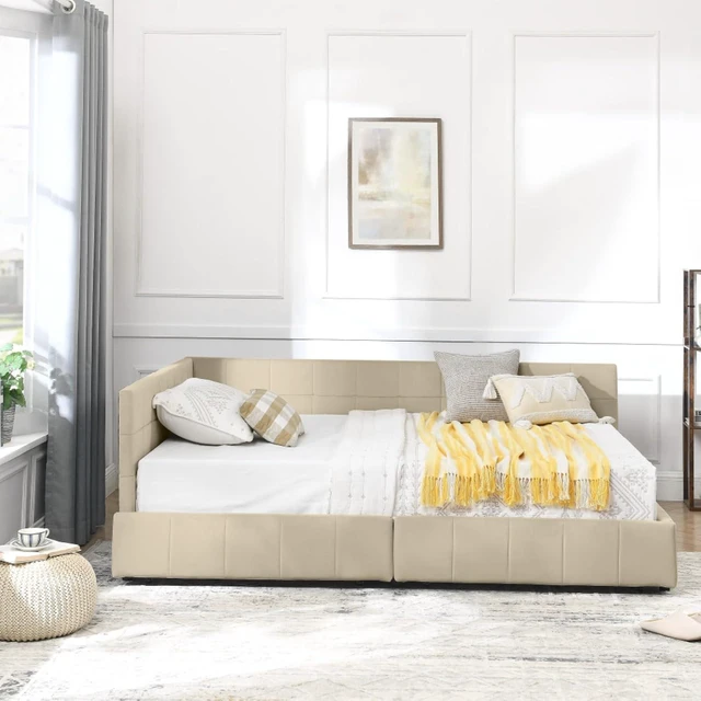 Alt view image 6 of 7 - Hassyee Full Size Upholstered Daybed with Storage Drawers and Tufted Backrest, Modern Captain's Bed Frame with Comfortable Armrests and Slat Support for Bedroom Living Room Guest Room (Beige Full)