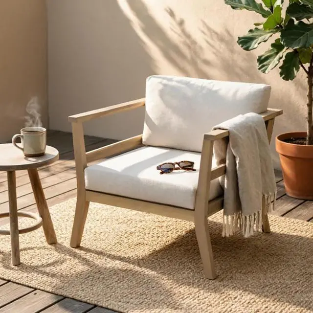 Main image of Hassyee Modern Solid Wood Outdoor Club Chair w/Removable Back & Seat Cushions for Garden, Versatile Patio Dining Armchair w/Acacia Wood Frame & 400LBS Weight Capacity for Backyard, Deck