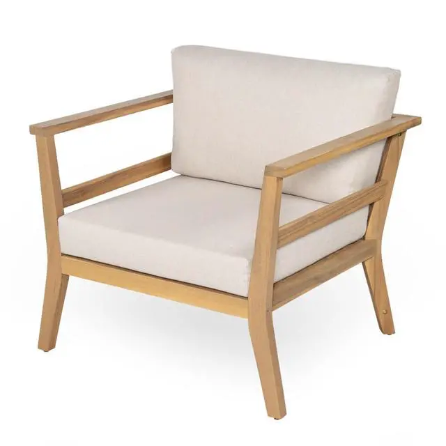 Alt view image 3 of 7 - Hassyee Modern Solid Wood Outdoor Club Chair w/Removable Back & Seat Cushions for Garden, Versatile Patio Dining Armchair w/Acacia Wood Frame & 400LBS Weight Capacity for Backyard, Deck