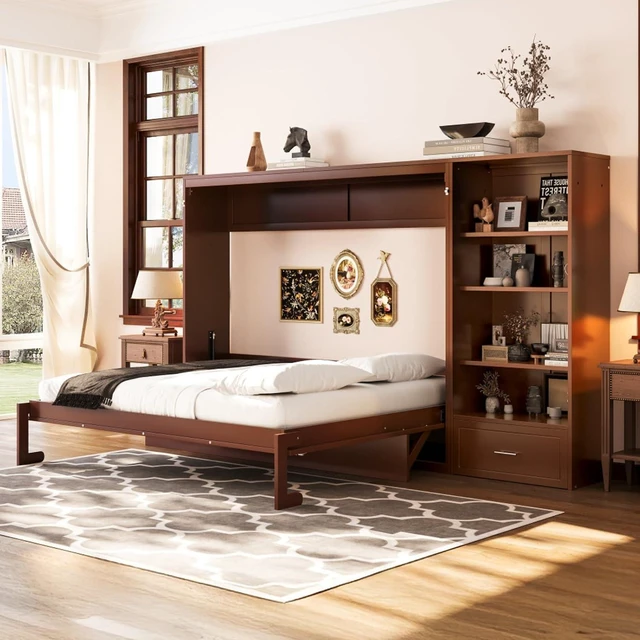 Main image of Hassyee Queen Size Murphy Bed with Height Adjustable Storage Compartments and Shelf, Hidden Murphy Cabinet Bed with Drawer, Foldable Platform Bed for Bedroom Guest Room Apartment (Walnut Queen)