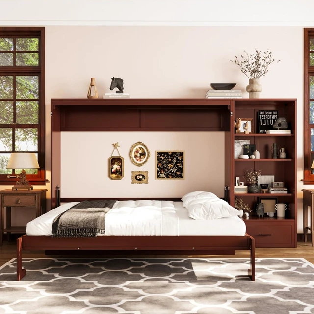 Alt view image 2 of 7 - Hassyee Queen Size Murphy Bed with Height Adjustable Storage Compartments and Shelf, Hidden Murphy Cabinet Bed with Drawer, Foldable Platform Bed for Bedroom Guest Room Apartment (Walnut Queen)