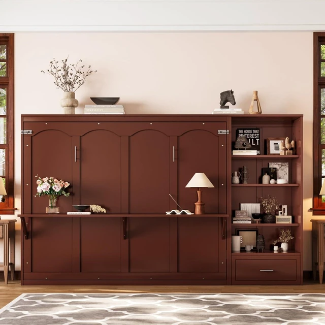 Alt view image 3 of 7 - Hassyee Queen Size Murphy Bed with Height Adjustable Storage Compartments and Shelf, Hidden Murphy Cabinet Bed with Drawer, Foldable Platform Bed for Bedroom Guest Room Apartment (Walnut Queen)