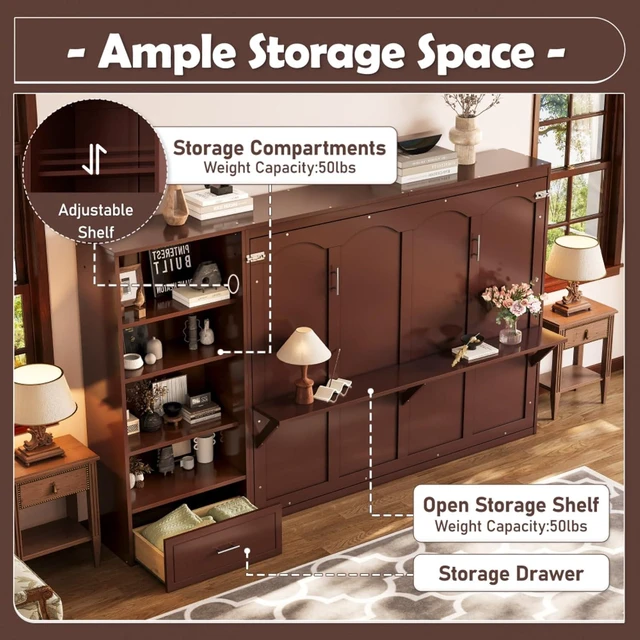 Alt view image 5 of 7 - Hassyee Queen Size Murphy Bed with Height Adjustable Storage Compartments and Shelf, Hidden Murphy Cabinet Bed with Drawer, Foldable Platform Bed for Bedroom Guest Room Apartment (Walnut Queen)
