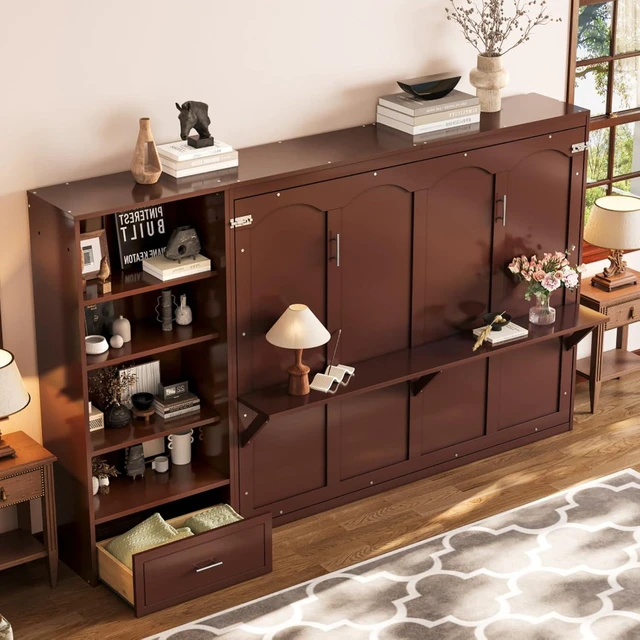Alt view image 4 of 7 - Hassyee Queen Size Murphy Bed with Height Adjustable Storage Compartments and Shelf, Hidden Murphy Cabinet Bed with Drawer, Foldable Platform Bed for Bedroom Guest Room Apartment (Walnut Queen)